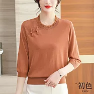 【初色】寬鬆圓領荷葉邊復古盤扣七分袖針織T恤上衣-共4色-67084(F可選) F 橙紅色