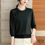 【初色】寬鬆圓領荷葉邊復古盤扣七分袖針織T恤上衣-共4色-67084(F可選) F 黑色