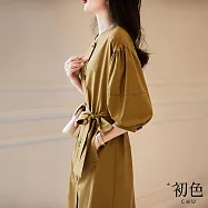 【初色】復古優雅蝴蝶結燈籠袖排釦收腰洋裝-共2色-67268(M-2XL可選) M 卡其色