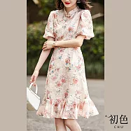 【初色】繡花旗袍網紗蕾絲裙立領泡泡袖短袖中長洋裝-粉紅色-67278(M-2XL可選) M 粉紅色