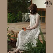 【初色】文青風寬鬆條紋無袖過膝中長裙連衣裙洋裝-米色-68434(M-2XL可選) M 米色