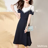 【MsMore】 撞色拼接小荷葉邊知性減齡短袖圓領百搭透氣柔軟垂感中長版連身裙洋裝# 117111 XL 藏青色