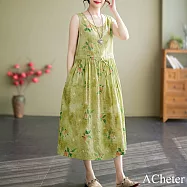 【ACheter】 森林漫遊無袖連身裙圓領文藝淑女棉麻印花寬鬆大碼A字背心長版洋裝# 117723 M 綠色