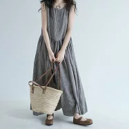 【ACheter】 複述色織棉麻圓領超大擺寬鬆無袖背心連身裙舒爽透氣格子長版洋裝# 117739 2XL 黑色