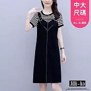 【Jilli~ko】假兩件扣帶造型拼接連衣裙 L J10608 L 黑條紋