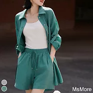 【MsMore】 韓風絲質防曬長袖可攀五分短袖襯衫外罩鬆緊高腰短褲2件式套裝# 117794 M 綠色