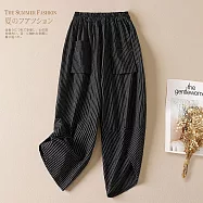 【ACheter】 大碼鬆緊高腰夏季文藝復古格子棉麻哈倫七八分長褲# 117524 FREE 黑色