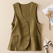 【ACheter】 復古V領文藝無袖寬鬆外搭背心短版上衣外罩# 117766 M 軍綠色