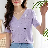 【MsMore】 舒適透氣菱形格挑孔冰絲針織衫薄款短袖顯瘦V領短版上衣# 117712 FREE 紫色