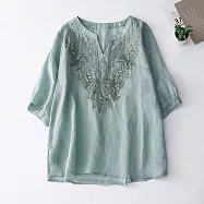 【ACheter】 文藝複圓V領繡花寬鬆短袖短版上衣# 117954 XL 湖藍色