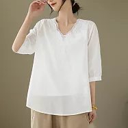 【ACheter】 時尚v領刺繡上衣薄款五分袖百搭休閒棉麻短版# 117968 M 白色