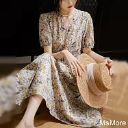 【MsMore】 春夏法式絲棉金盞花印花短袖V領連身裙氣質顯瘦茶歇中長版洋裝# 117791 XL 杏色
