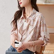 【MsMore】 格子襯衫chic法式上衣韓系獨特別致長袖可攀七分袖短版# 118162 XL 紫色
