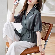 【MsMore】 冰天絲五分短袖中長氣質女神收腰顯瘦高腰闊腿長褲兩件式套裝# 118191 2XL 灰色