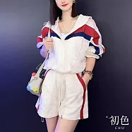 【初色】拚色翻領防曬衣外套+休閒運動短褲兩件式套裝-白色-68541(M-2XL可選) M 白色