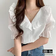 【Jilli~ko】荷葉邊V領氣質甜美泡泡袖雪紡襯衫 J10780 FREE 白色
