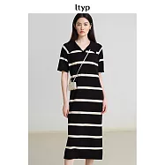 ltyp旅途原品 真絲亞麻棉休閒V字翻領條紋針織連衣裙 M L-XL L-XL 杏黑條紋