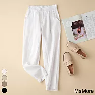 【MsMore】 九分褲寬鬆休閒小腳褲後鬆緊高腰亞麻感西裝哈倫褲# 118278 M 白色