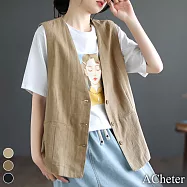【ACheter】 原創設計新品純色簡約百搭棉麻感寬鬆文藝短版背心外罩# 118329 L 卡其色