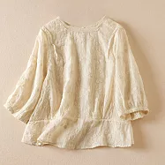 【ACheter】 文藝韻雅滿繡繡花寬鬆棉麻短版修身顯瘦圓領短袖短版上衣# 118423 2XL 米黃色