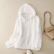 【ACheter】 細棉麻刺繡防曬外套連帽長袖寬鬆空調夾克短版文藝上衣# 118397 XL 白色