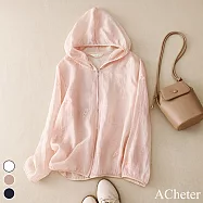 【ACheter】 細棉麻刺繡防曬外套連帽長袖寬鬆空調夾克短版文藝上衣# 118397 2XL 粉紅色