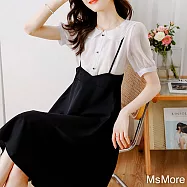 【MsMore】 元氣少女感假兩件吊帶短袖連身裙氣質娃娃領中長版洋裝# 118450 M 黑色