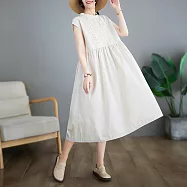 【ACheter】 森女日系文藝範貼布蕾絲高腰棉質無袖背心連身裙長版洋裝# 118537 M 米色