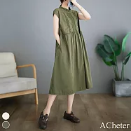 【ACheter】 森女日系文藝範貼布蕾絲高腰棉質無袖背心連身裙長版洋裝# 118537 L 綠色