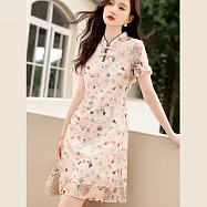 【初色】中式旗袍風盤扣印花中長連衣裙短袖連身洋裝-杏色-68832(M-2XL可選) M 杏色
