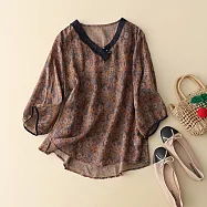 【ACheter】 復古韻味印花麻感V領氣質襯衫原創寬鬆短款七分袖上衣# 118796 M 黃色