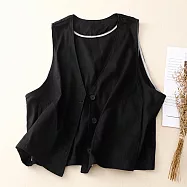 【ACheter】 棉麻感大碼寬鬆V領無袖背心百搭外套短版上衣# 118656 XL 黑色