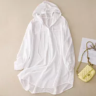 【ACheter】 連帽長袖襯衫防曬衣休閒寬鬆空調衫沙灘服開衫中長版上衣# 118660 XL 白色