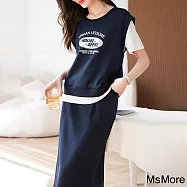 【MsMore】 撞色藏青印花兩件套圓領休閒簡約百搭短袖運動款高腰長裙時尚2件式套裝# 118753 2XL 藏青色