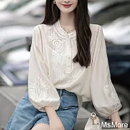 【MsMore】 桑酒國風柔光絲質繡花工藝柔軟清透長袖圓領米白氣質短版上衣# 118828 L 米白色