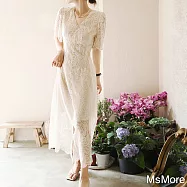 【MsMore】 V領短袖鏤空蕾絲連身裙米白法式赫本風浪漫小禮服長版洋裝# 118811 XL 米白色