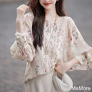 【MsMore】 奈良圓領長袖時尚別致漂亮宮廷風短版上衣# 118966 L 花紋色