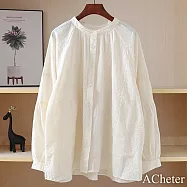 【ACheter】 松垮燈籠長袖罩全棉小立領文藝森系大碼襯衫繡布短版小外罩上衣# 119032 XL 杏色