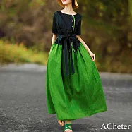 【ACheter】 民族風棉麻連身裙旅遊文藝復古撞色顯瘦氣質短袖長裙洋裝# 119048 M 綠色