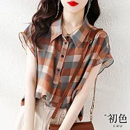 【初色】涼爽百搭雪紡圓領翻領短袖五分袖襯衫T恤上衣-8款任選-69582(M-2XL可選) L B.格子