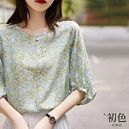 【初色】涼爽百搭雪紡圓領翻領短袖五分袖襯衫T恤上衣-8款任選-69582(M-2XL可選) L C.綠色