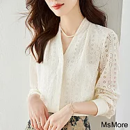 【MsMore】 白色蕾絲高端新款設計感輕奢V領長袖短版上衣# 118676 M 白色