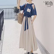 【初色】時尚氣質撞色露肩假兩件收腰A字裙連衣裙長裙洋裝-共2色-68681(M-2XL可選) M 藍色