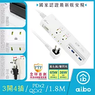 aibo GaN氮化鎵 3開4插 高溫斷電智慧 PD65W超閃充USB延長線-1.8米