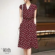 【初色】短袖系帶收腰V領波點印花中長連衣裙洋裝-紅色-69035(M-2XL可選) 2XL 紅色