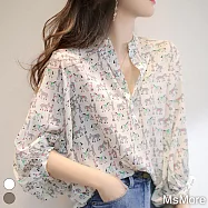 【MsMore】 獨特設計感V領燈籠長袖漂亮別致碎花寬鬆短版上衣# 119103 XL 白色