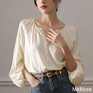 【MsMore】 復古高端缎麵絲質上衣圓領寬鬆七分袖短版# 119194 M 杏色
