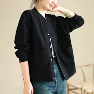 【ACheter】 文藝長袖圓領外套寬鬆顯瘦簡約字母印花減齡棒球服短版上衣# 119314 L 黑色