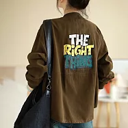 【ACheter】 文藝長袖圓領外套寬鬆顯瘦簡約字母印花減齡棒球服短版上衣# 119314 2XL 咖色