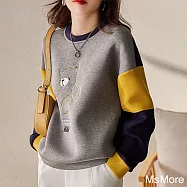 【MsMore】 減齡萌趣小熊刺繡舒適空氣層圓領撞色落肩長袖短版上衣# 118878 M 黃色